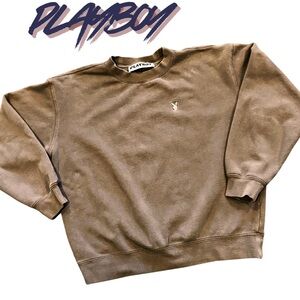 Vintage 90s Playboy Oversized Crewneck Sweatshirt Khaki 3D Studded Bunny Back